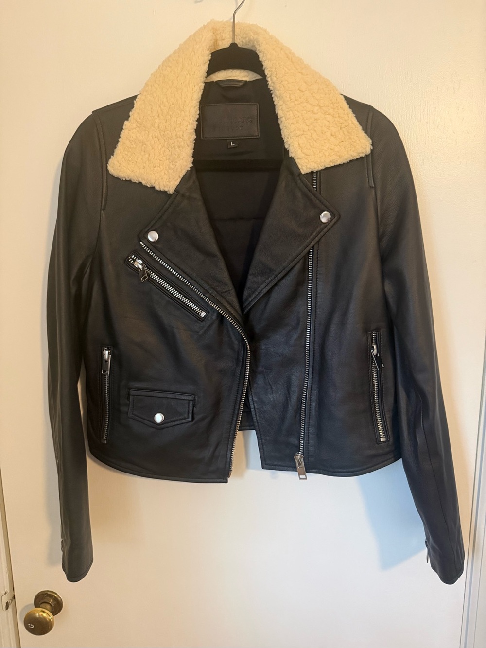 Bolongaro Trevor Black Leather Moto Jacket with Cream Faux-Shearling Collar